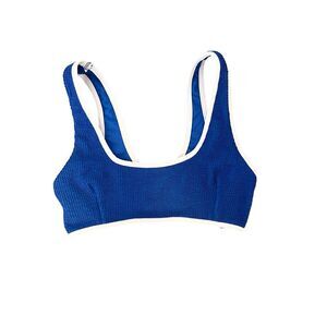 Beach Babe Blue Ribbed White Trim Swim Suit‎ Top Size Small